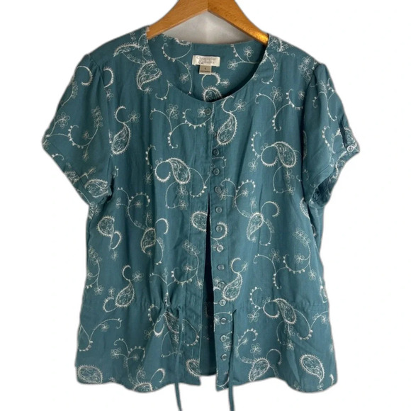 Christopher & Banks Teal Embroidered Button Front Drawstring Waist Top Sz LG - Picture 9 of 9